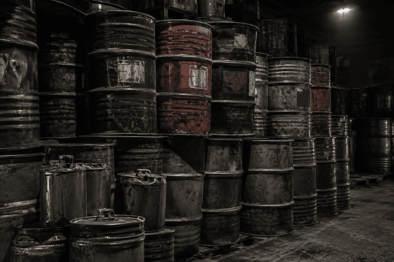 Industrial metal drums, oil cans, and commercial container scrap