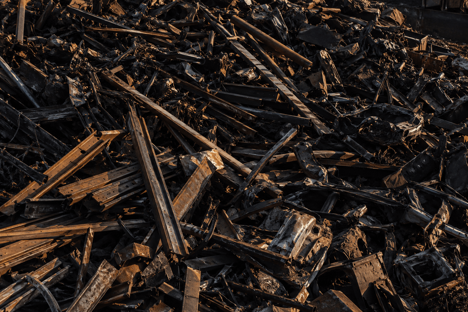 Pile of ferrous metal scrap including steel beams and industrial iron waste